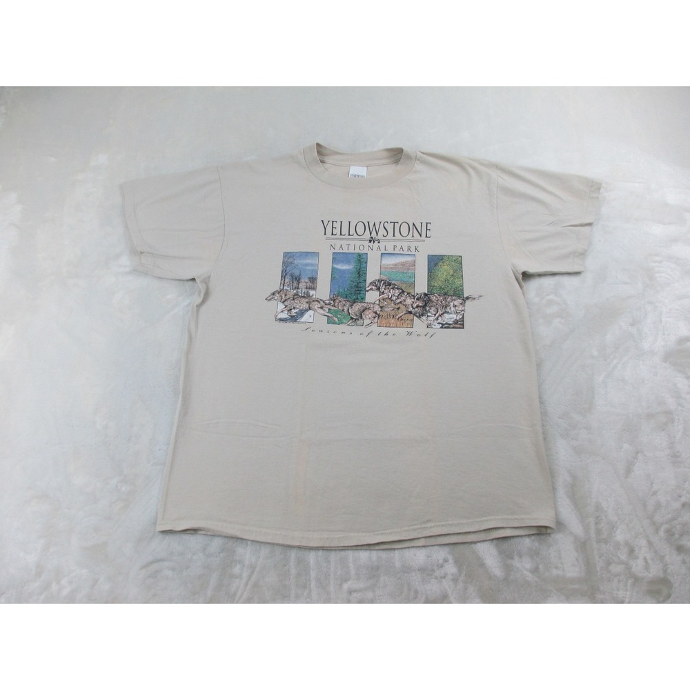 VINTAGE Yellowstone National Park Shirt Mens Extra Large Brown Wolves 1996*